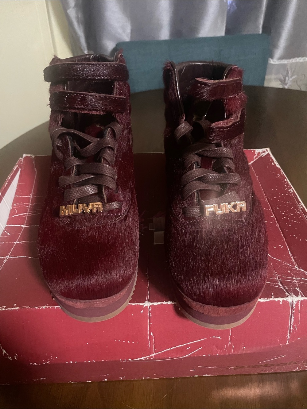Reebok Women's Burgundy Pony-Hair High-Top Sneakers with Gold Accents